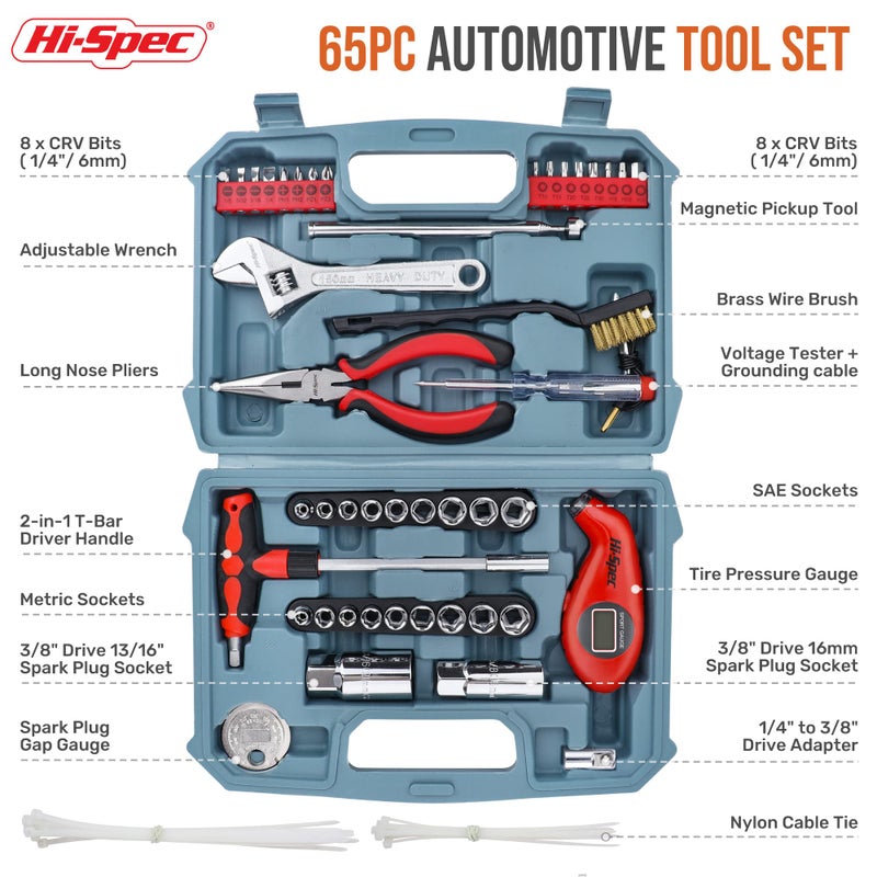 Hi-Spec 65pc Compact Auto Garage Tool Kit Set with Digital Tire Pressure Gauge. Essential Car Vehicle Repair Tools in a Toolbox Case of Screwdrivers, Sockets, Wrench and Magnetic Pickup - Image 2